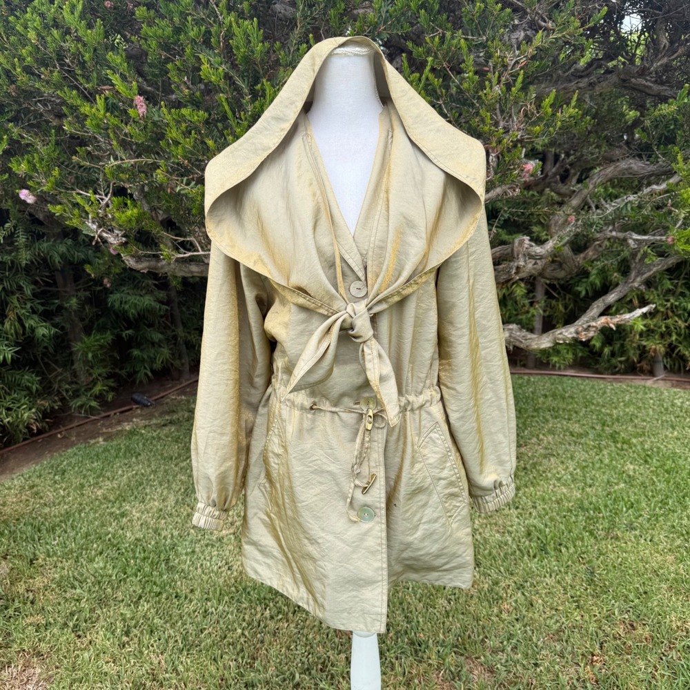 Gallery Vintage Gold Metallic Hooded Rain Jacket Tie Front Drawstring XS